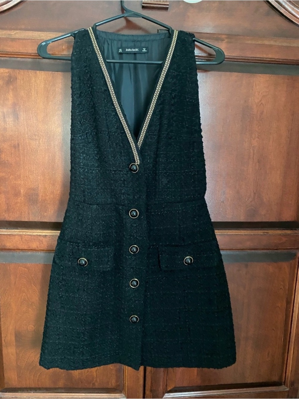 Zara Black Tweed Sleeveless V-Neck Dress with Gold-Trim